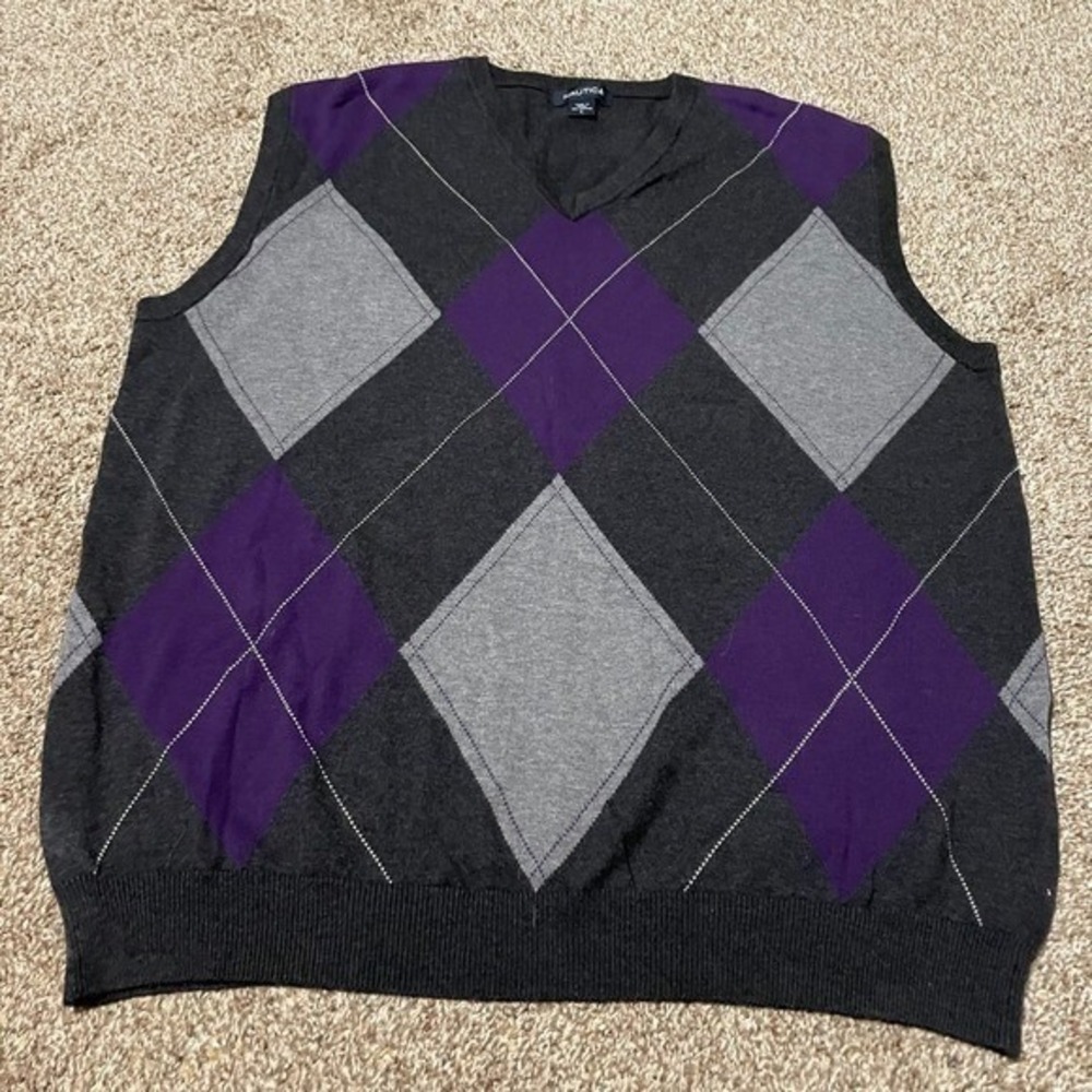 Nautica Mens Argyle V Neck Sweater Vest Dark Gray Purple Size L